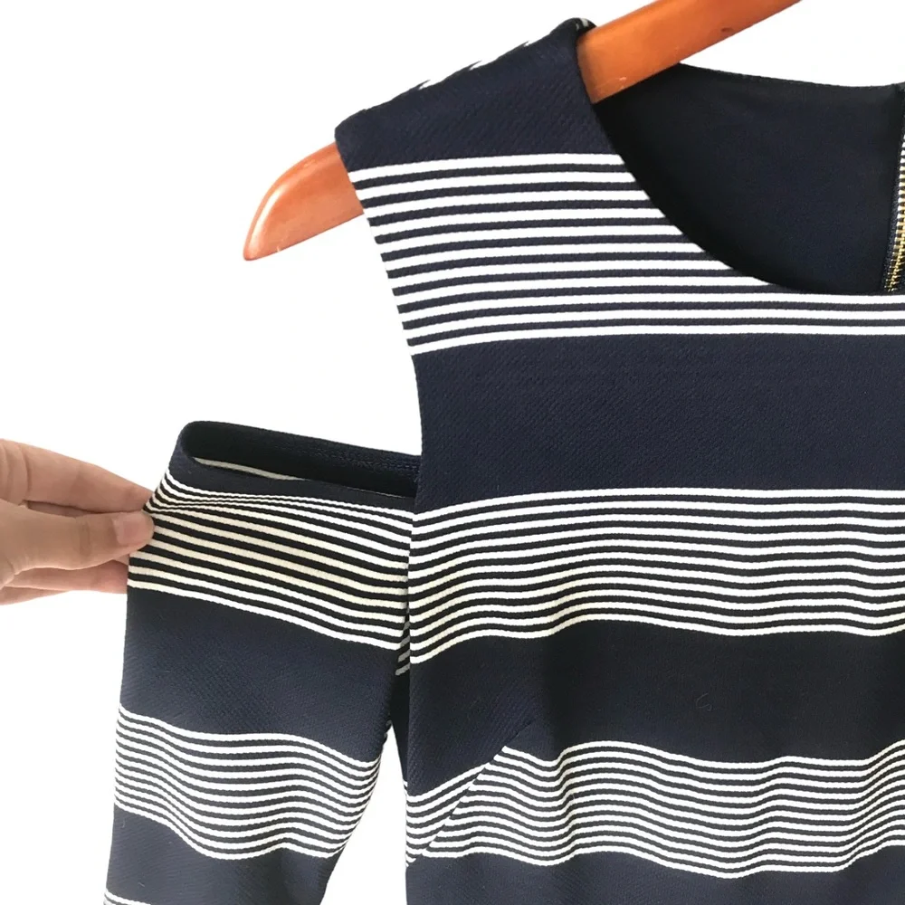 Eliza J Women's Navy Blue & White Striped Cold Shoulder A-Line Dress Size 4P - Picture 5 of 8